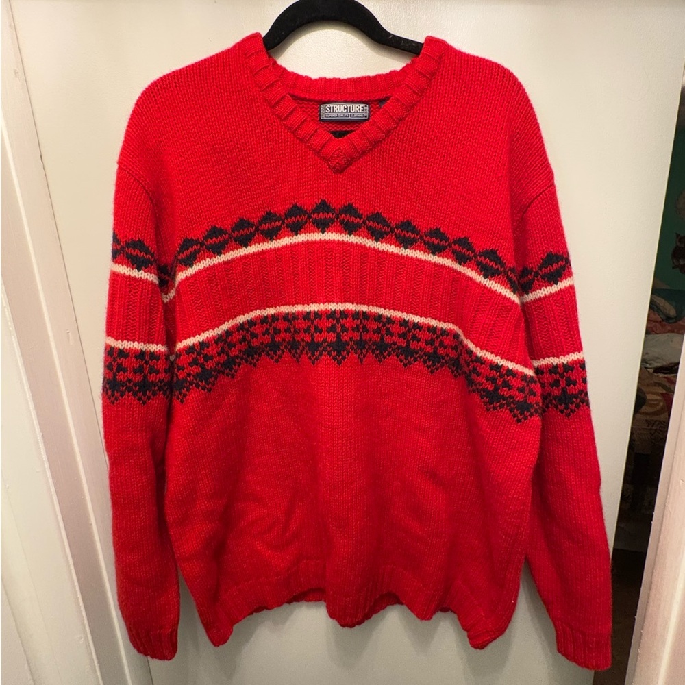 Vintage XL Sweater 100% Wool Thick Oversized Pullover Red Fair Isle Preppy 90s
